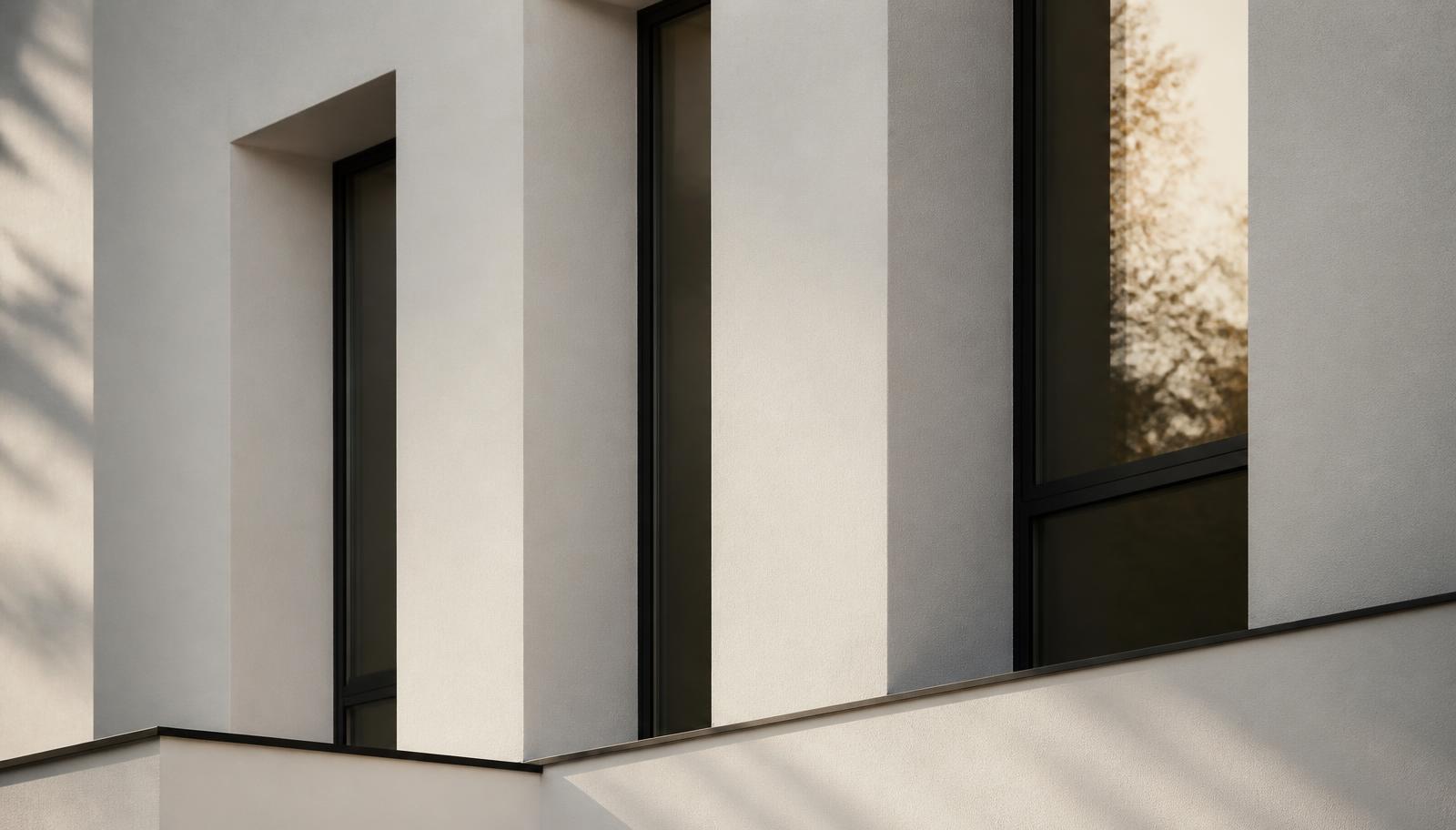 Abstract detail of a pale modern residential facade in morning light