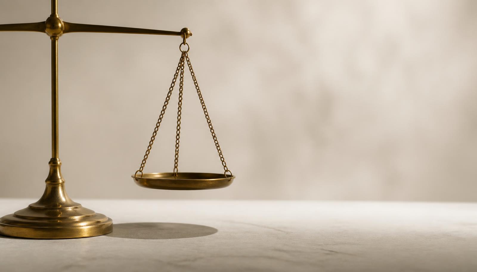 A brass balance scale on a pale stone surface in diffused light