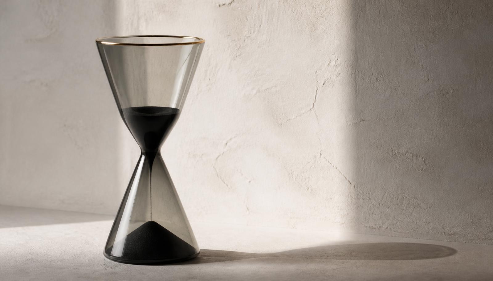 A tapered glass hourglass on a pale plaster surface in soft daylight